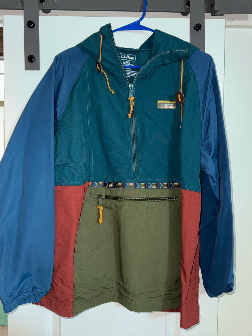 L.L. Bean Multicolor Colorblock Hooded Pullover - Teal, Blue, Olive & Rust